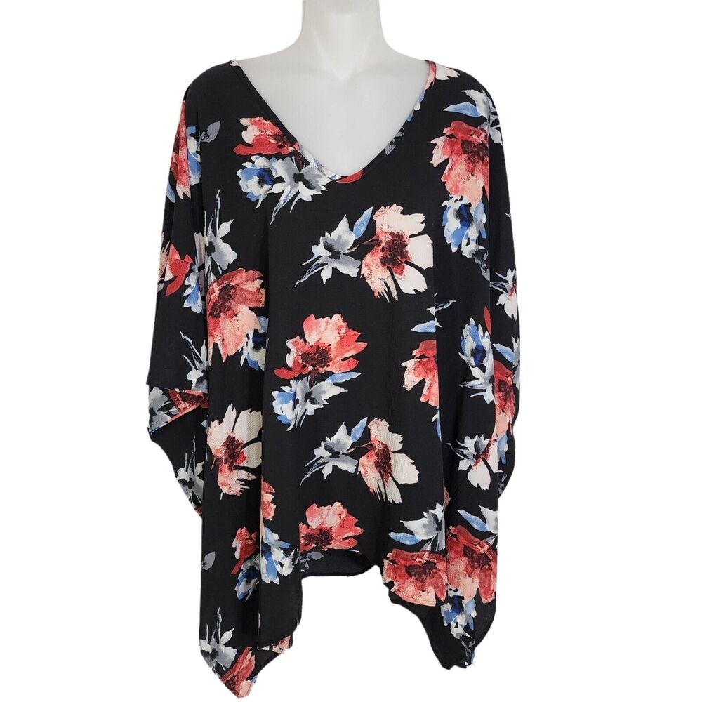 Blvd Womens Poncho Top One Size Floral Print V Neck Pullover Black Pink Stretch